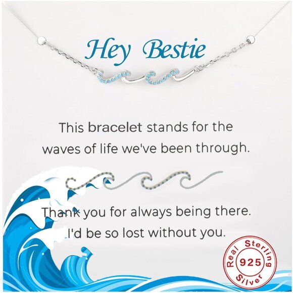 Wave Friendship Bracelet for Women - Sterling Silver with Blue Cubic Zirconia, 6 - Picture 1 of 6